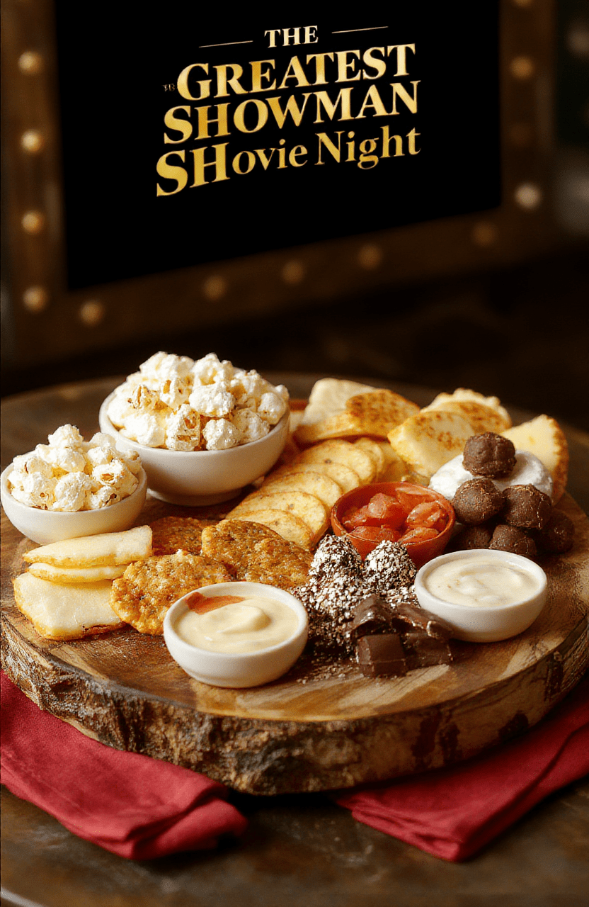 Tabletop spread for a Greatest Showman themed movie night: popcorn bowls, mini sliders, cheese board, pretzel bites, veggie platter, dipping sauces, and chocolate treats arranged on a dark wood board with red velvet napkin accents and gold decorative confetti; bright, warm lighting and cinematic backdrop.