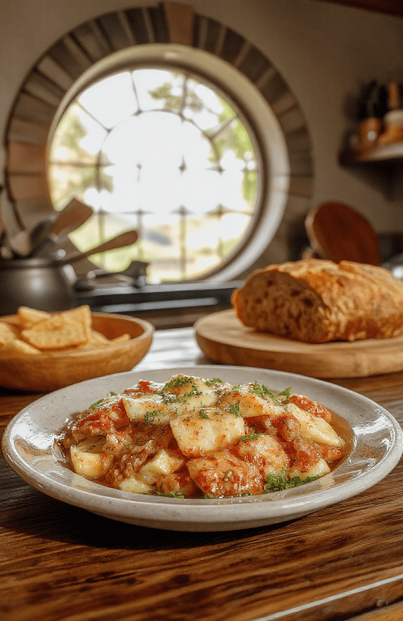 A hearty bowl of thick beef goulash with potatoes, carrots, and paprika, garnished with parsley, served in a rustic ceramic bowl on a wooden table with warm lighting; steam rising, crusty bread on the side, earthy tones evoke a cozy hobbit feast.