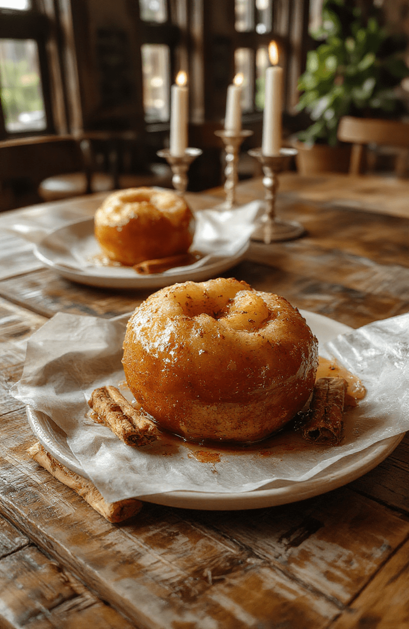 A warm rustic plate of golden baked apples, stuffed with oats, cinnamon, and nuts, drizzled with caramel, on a wooden table with a mug of tea and scattered cinnamon sticks; soft, natural light highlights the caramel glaze and crumbly topping, while a dim tavern backdrop adds medieval fantasy charm.