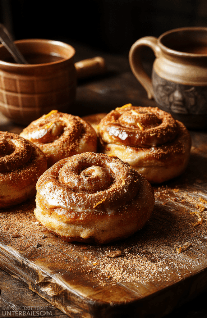 Golden-brown magical spiced sweet buns stacked on a rustic wooden board, dusted with cinnamon sugar and orange zest ribbons, a glossy glaze catching the light. The baking tray sits beside a worn map and a copper mug, evoking a Witcher tavern vibe with soft amber lighting and cozy textures.