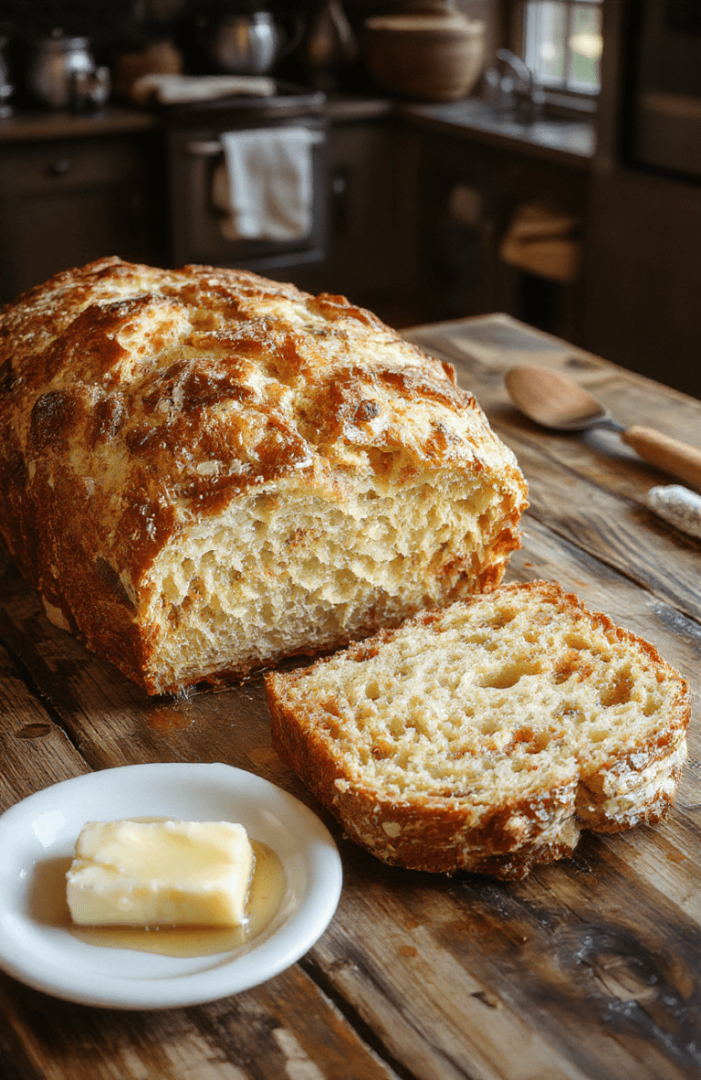 Golden crust honey bread loaf on a rustic wooden cutting board, sliced to reveal a tender, airy crumb with a glossy honey glaze. A pat of butter melts beside the loaf, with a light drizzle of honey and chopped almonds for texture. Warm amber lighting and a Norse-inspired table setting evoke a fantasy kitchen.