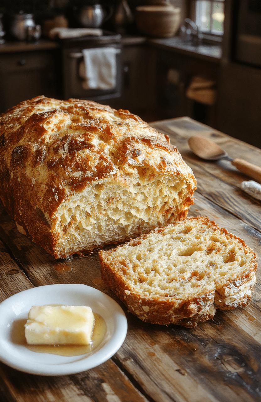 Golden crust honey bread loaf on a rustic wooden cutting board, sliced to reveal a tender, airy crumb with a glossy honey glaze. A pat of butter melts beside the loaf, with a light drizzle of honey and chopped almonds for texture. Warm amber lighting and a Norse-inspired table setting evoke a fantasy kitchen.