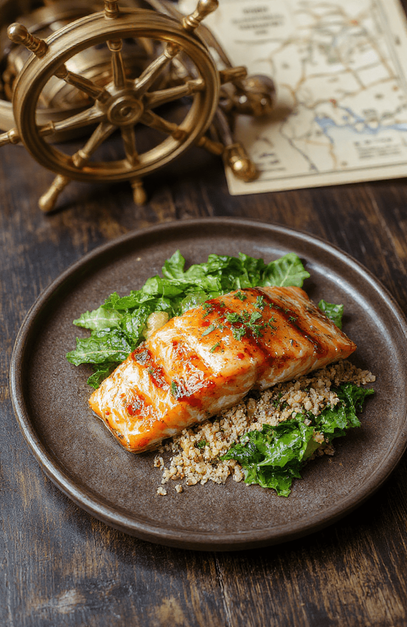 A glossy plate of Treasure Planet inspired galactic dinner featuring star-shaped salmon with shimmering glaze, emerald asteroid salad, and copper-toned accents on a rustic wooden board, cosmic backdrop, and vibrant textures.