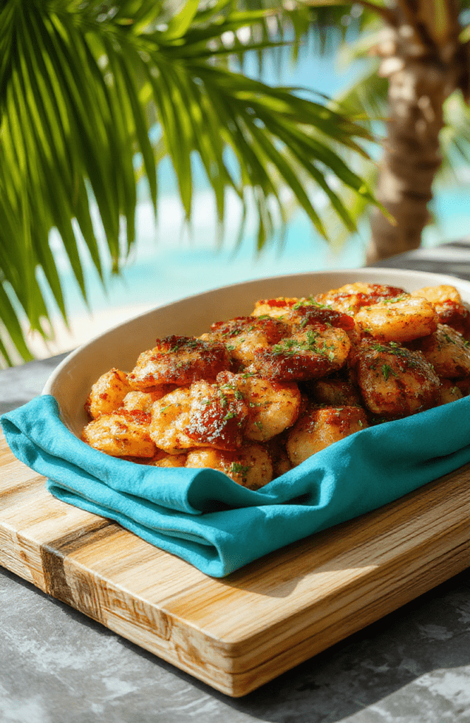 Bright coconut lime shrimp with pineapple rice on a white plate, garnished with cilantro and lime zest. The dish features vibrant orange pineapple, pink shrimp, and green herbs, plated on a light wooden table with a turquoise napkin for a tropical look; warm, inviting textures and a glossy sauce catch the eye.