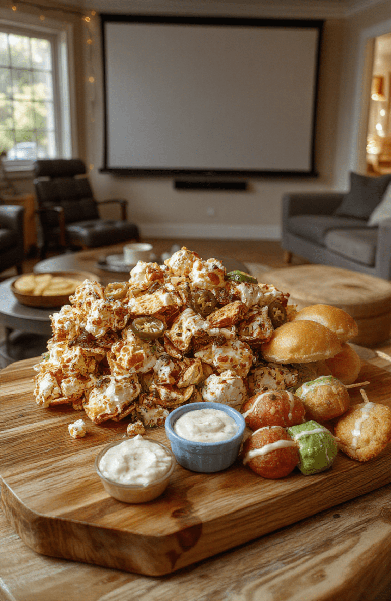 A vibrant movie-night spread on a wooden board featuring fluffy popcorn, loaded nachos, mini sliders, veggie cups with dip, fruit skewers, and cookies. Bright colors from red napkins, yellow cheese, and green herbs. A warm living room backdrop with string lights and a projector screen, styled like a Goofy-inspired party. The plating is casual but inviting, with textures from crisp chips to creamy dips, ready for sharing.
