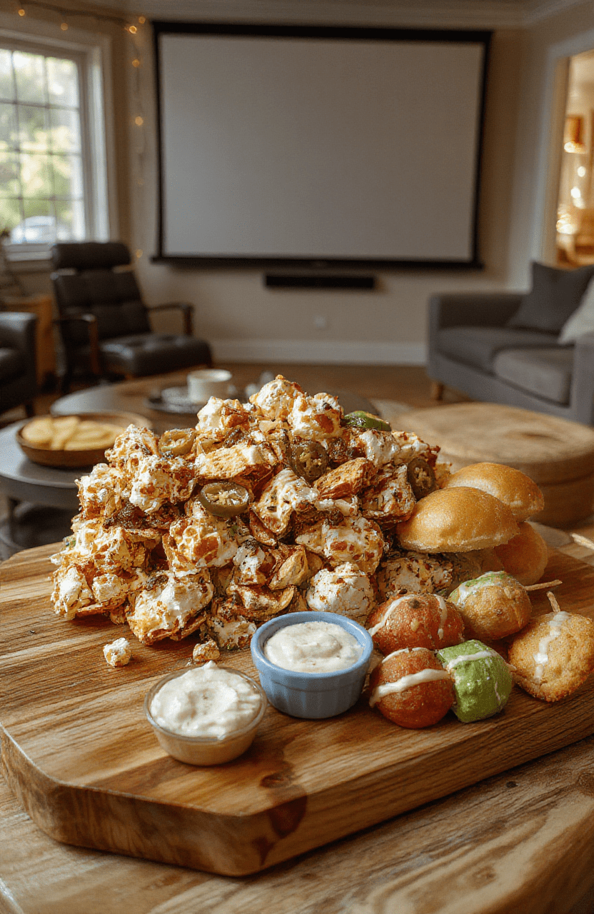 A vibrant movie-night spread on a wooden board featuring fluffy popcorn, loaded nachos, mini sliders, veggie cups with dip, fruit skewers, and cookies. Bright colors from red napkins, yellow cheese, and green herbs. A warm living room backdrop with string lights and a projector screen, styled like a Goofy-inspired party. The plating is casual but inviting, with textures from crisp chips to creamy dips, ready for sharing.