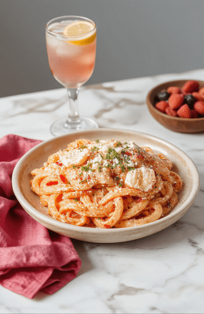 Pink creamy pasta on a white plate with parmesan shavings and a basil garnish, beside a tall glass of sparkling pink lemonade. A blush pink napkin and fresh berries sit nearby on a soft-lit table, evoking a glam movie night vibe. The sauce is glossy and rich, noodles are perfectly cooked, with a hint of red pepper flakes for color and interest.