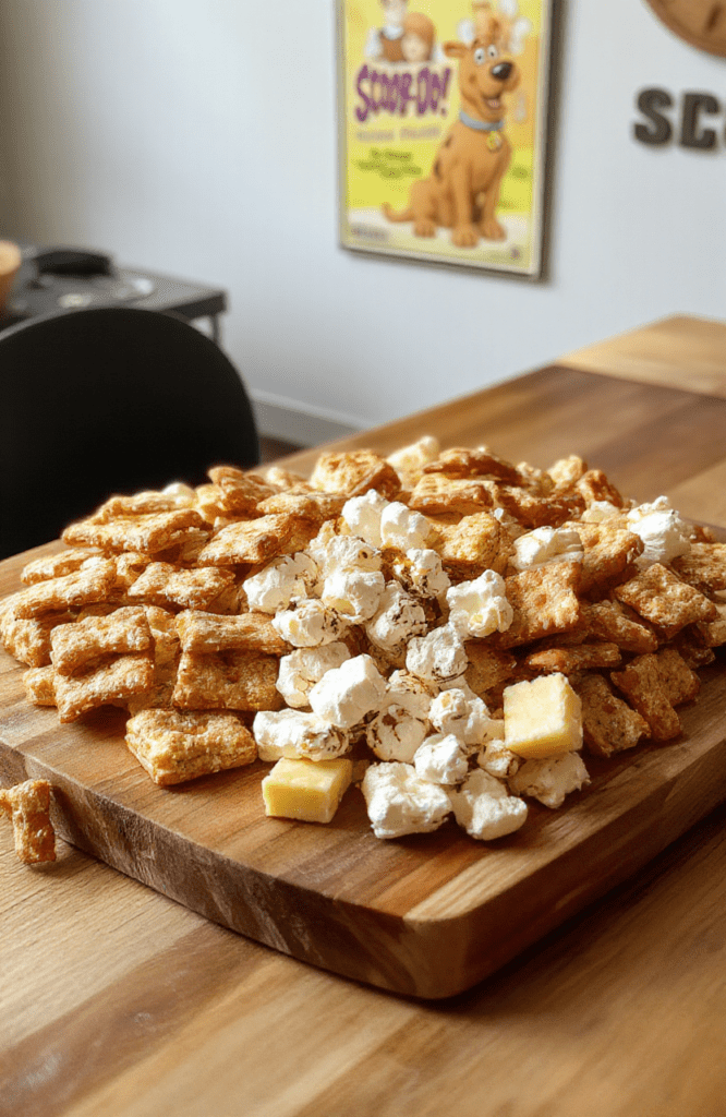 Colorful platter of Ultimate Scooby-Doo Movie Night Snacks arranged on a warm light maple board. A mix of bone-shaped crackers, mini pretzel bones, fluffy popcorn, cheddar cheese cubes, and bright veggie sticks sit in neat sections with a small bowl of creamy dip. The scene is styled with Scooby-Doo-inspired colors and a cozy movie-night vibe, with soft natural light and a rustic background.