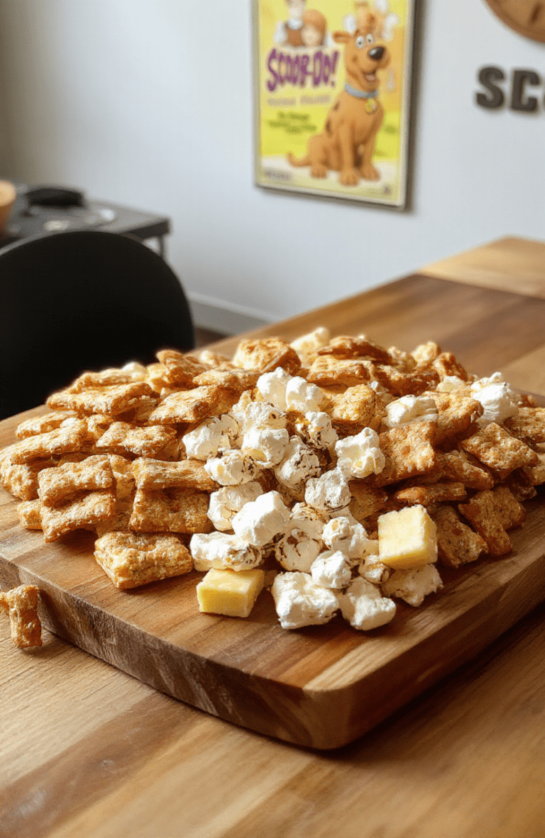 Colorful platter of Ultimate Scooby-Doo Movie Night Snacks arranged on a warm light maple board. A mix of bone-shaped crackers, mini pretzel bones, fluffy popcorn, cheddar cheese cubes, and bright veggie sticks sit in neat sections with a small bowl of creamy dip. The scene is styled with Scooby-Doo-inspired colors and a cozy movie-night vibe, with soft natural light and a rustic background.