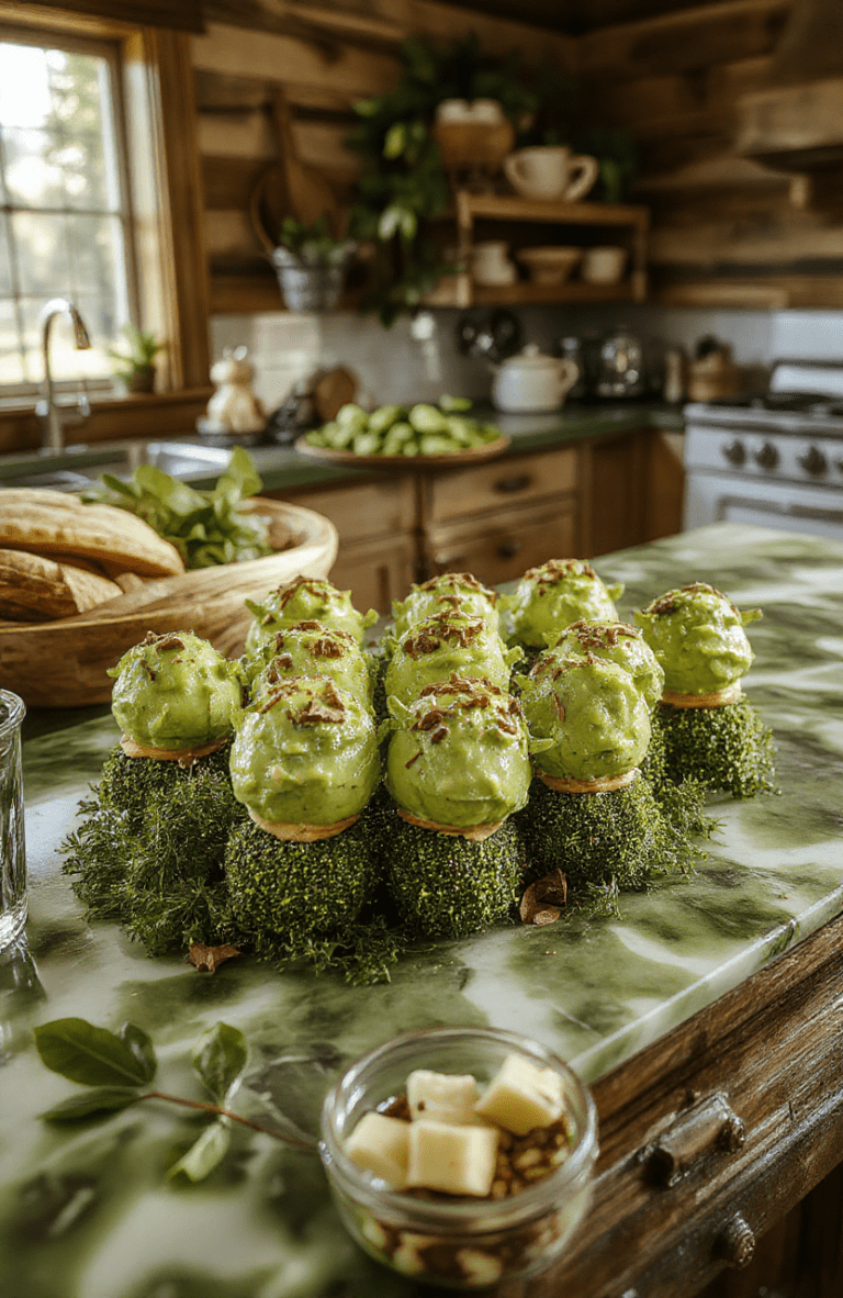 Colorful Shrek inspired platter on a rustic wooden board with green veggie bites, swamp dips, ogre-shaped cookies, and moss-green napkins, set in a cozy fairy-tale kitchen feel with warm light.