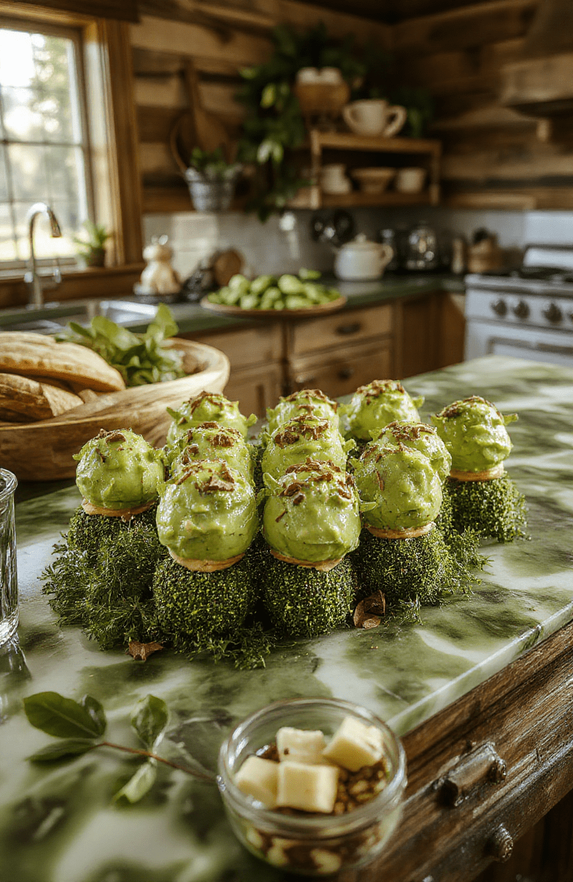 Colorful Shrek inspired platter on a rustic wooden board with green veggie bites, swamp dips, ogre-shaped cookies, and moss-green napkins, set in a cozy fairy-tale kitchen feel with warm light.