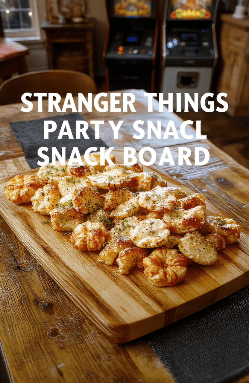 Vibrant Stranger Things inspired party snack board arranged on a rustic wooden board with neon Hawkins vibes. The board features an assortment of cheeses, cured meats, crisp crackers, berry clusters, veggie sticks, and themed dips, artfully grouped into color-coordinated sections. Textures range from creamy cheeses to crunchy pretzels and juicy fruit, finished with small decorative accessories and blue accents.