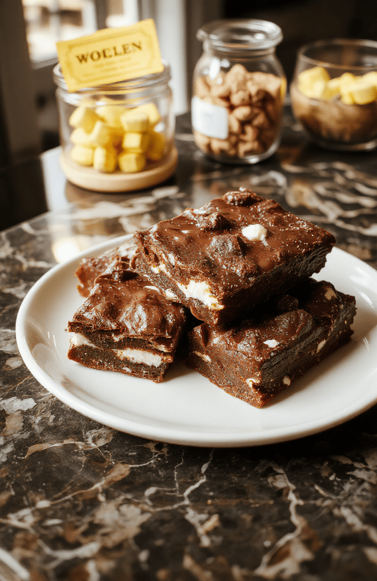 An indulgent Wonka inspired fudgemallow bar sliced to reveal a fudgy chocolate core swirled with fluffy marshmallow, coated in a glossy milk chocolate shell. The bar rests on a light marble board with a light cocoa dust and a sprinkle of crispy rice for texture, evoking a whimsical factory vibe.