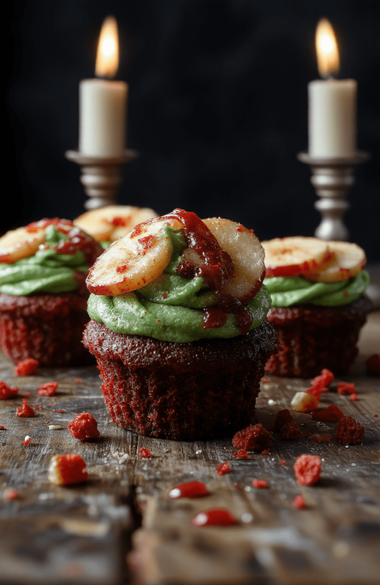 Close-up of Poison Apple Cupcakes plated on a dark slate board with rich red velvet cupcakes, emerald green frosting, and glossy candied apple slices perched on top, finished with a light dusting of gold sugar and a cinnamon stick garnish. The scene uses moody, warm lighting and a rustic backdrop to evoke magical, wicked charm.