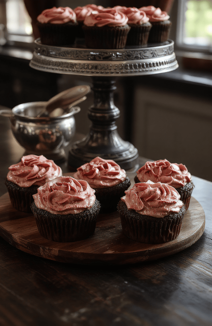 Dark velvet chocolate cupcakes with glossy black frosting and edible rose petals, on a matte black plate. Set on a dark wood table with moody candlelight and a single rose; dramatic, velvety textures and shimmering cocoa dust.