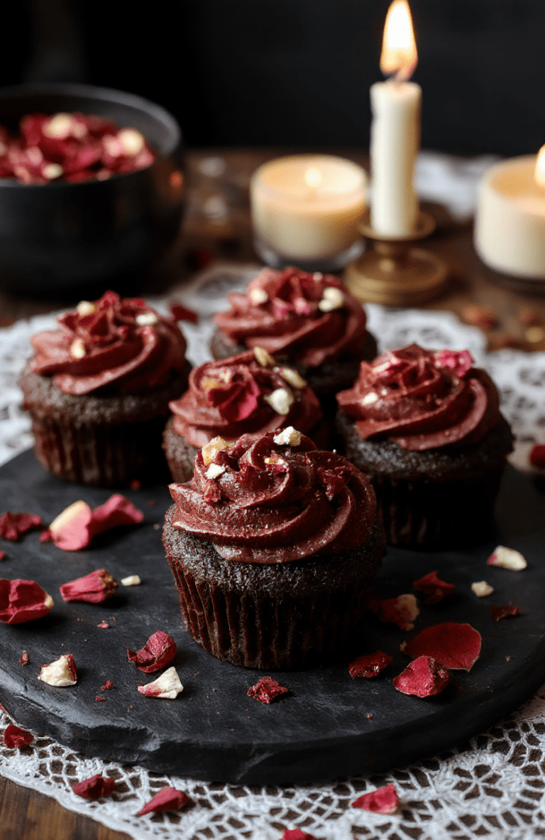 A plate of Wednesday Morticia's Midnight Rose Cupcakes with deep burgundy frosting swirled like velvet, rose-petal sprinkles, and edible petals on top. They sit on a dark slate board with a matte black background, candlelight glow, and a hint of gothic lace. The cupcakes reveal rich chocolate cake beneath, glossy frosting, and a moody, elegant presentation.