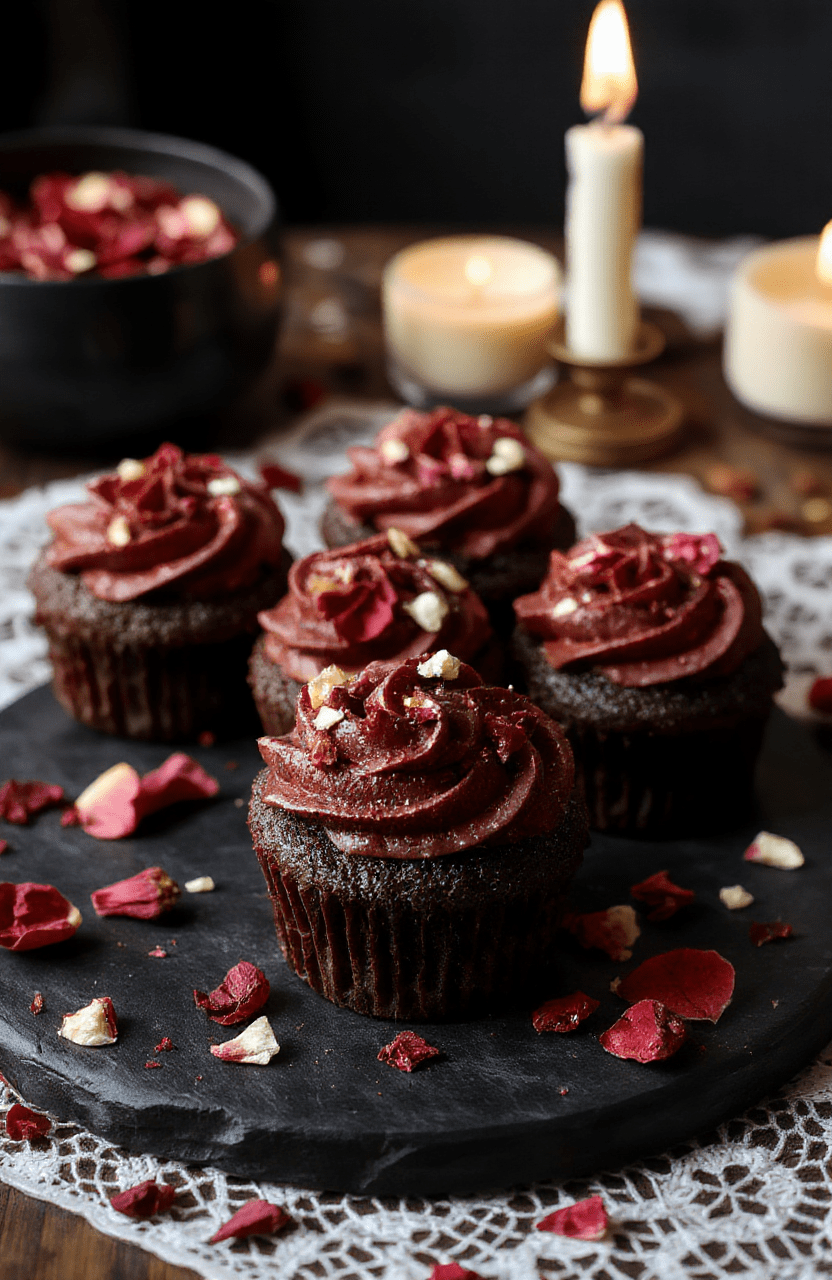 A plate of Wednesday Morticia's Midnight Rose Cupcakes with deep burgundy frosting swirled like velvet, rose-petal sprinkles, and edible petals on top. They sit on a dark slate board with a matte black background, candlelight glow, and a hint of gothic lace. The cupcakes reveal rich chocolate cake beneath, glossy frosting, and a moody, elegant presentation.