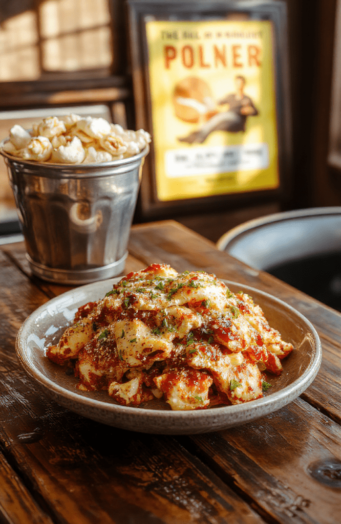 A creamy garlic mushroom pasta with spinach, parmesan, and olive oil on a rustic wooden board; a popcorn bowl and a soft movie poster blur in the background; warm amber lighting makes the dish look cozy and magical.