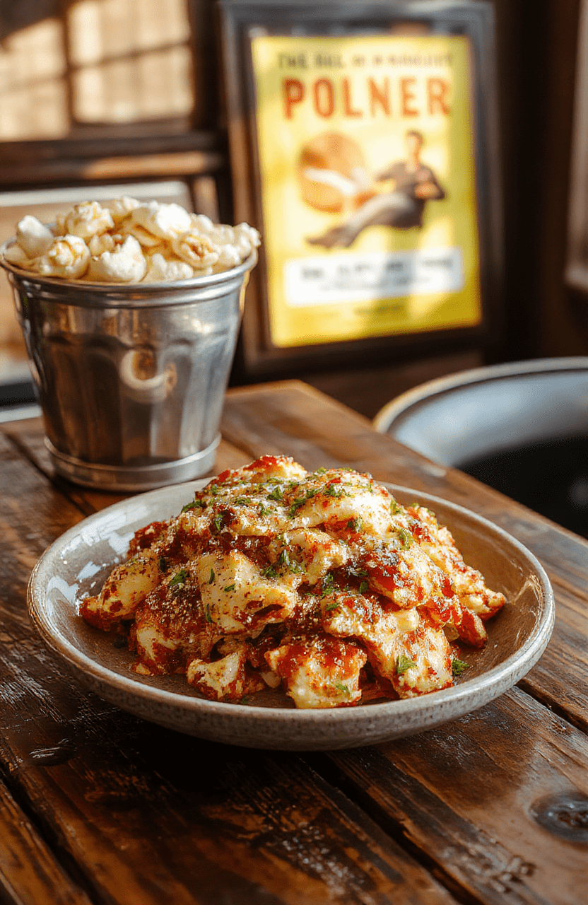 A creamy garlic mushroom pasta with spinach, parmesan, and olive oil on a rustic wooden board; a popcorn bowl and a soft movie poster blur in the background; warm amber lighting makes the dish look cozy and magical.