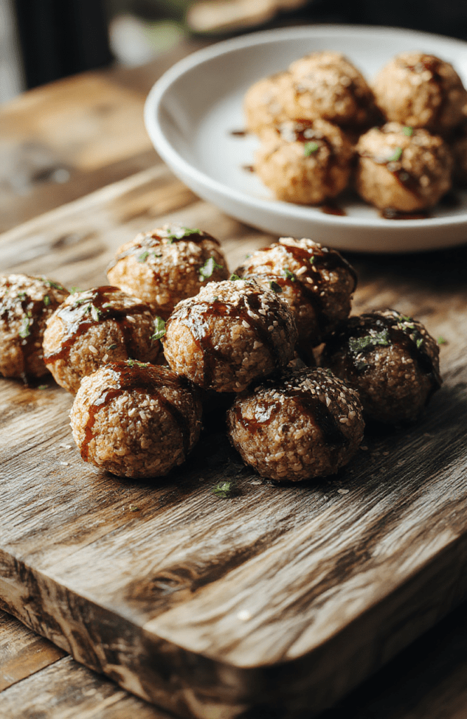 Golden-brown Zelda inspired meaty rice balls on a white plate, sprinkled with sesame seeds and chopped green onions. The dish sits on a rustic wooden board with a drizzle of soy glaze, vibrant green herbs, and a soft, glossy sauce pool. The background is warm and cozy, hinting at a fantasy tavern with natural textures and subtle bokeh from light. The plating highlights a crispy exterior and tender interior with a complementary garnish.
