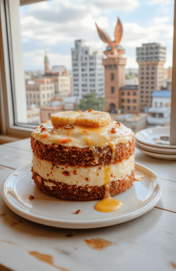 A tall, moist carrot cake layered with cream cheese frosting sits on a white pedestal plate, drizzled with orange zest and chopped walnuts. The cake crumb is tender and bright orange, the frosting glossy and pale. The plate rests on a rustic wooden board with warm lighting, while a softly blurred kitchen background hints at a cozy Disney-inspired scene.