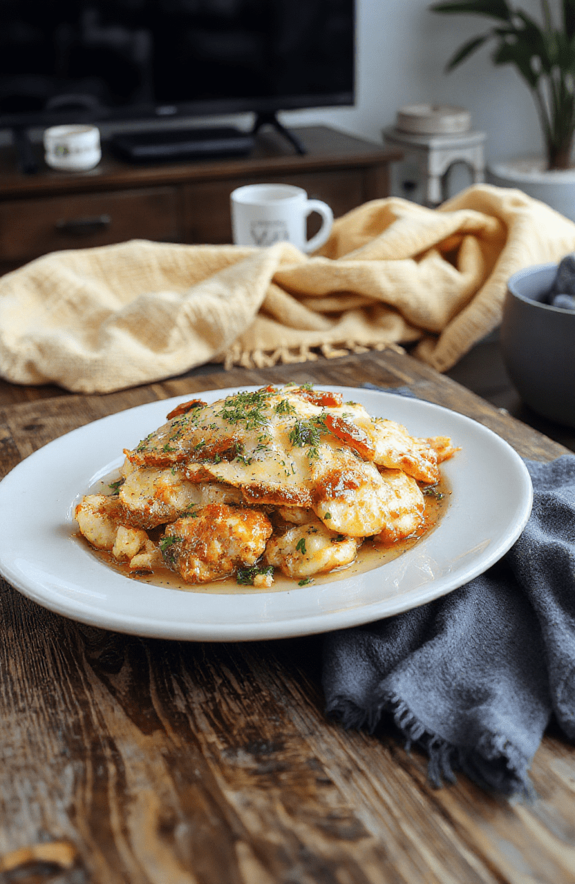 A creamy garlic parmesan chicken pasta served in a warm, wide bowl on a rustic wooden table. Tender chicken, al dente penne, and a silky sauce coated with melted parmesan peek through fresh spinach; the dish is garnished with parsley and a pinch of red pepper flakes, with a cozy living room backdrop and natural daylight highlighting glossy sauce.