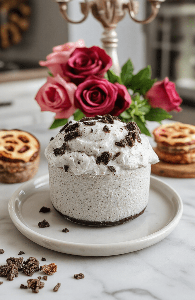 A pair of clear dessert glasses hold pale grey Oreo mousse, topped with crushed cookies and a rose petal. The mousse has a silky, glossy surface with a light dusting of cookie crumbs. It sits on a crisp white plate with soft pastel backdrop and warm candlelight vibes.