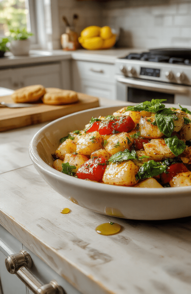 Colorful plate of Disney-inspired ratatouille with diced eggplant, zucchini, peppers, and tomatoes in a glossy tomato sauce, garnished with fresh basil on a white plate; vibrant colors, rustic background, bright natural light, appealing textures, and a cozy kitchen vibe.