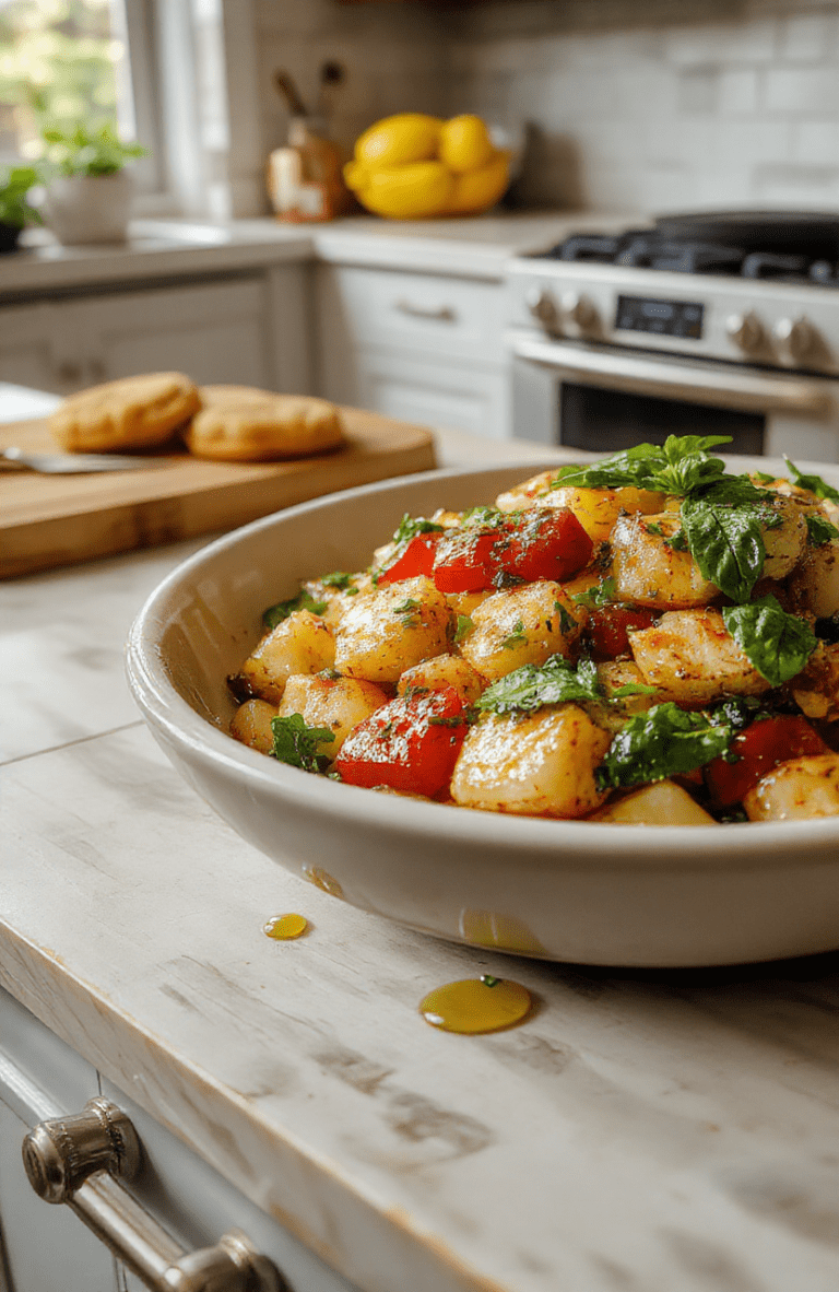 Colorful plate of Disney-inspired ratatouille with diced eggplant, zucchini, peppers, and tomatoes in a glossy tomato sauce, garnished with fresh basil on a white plate; vibrant colors, rustic background, bright natural light, appealing textures, and a cozy kitchen vibe.