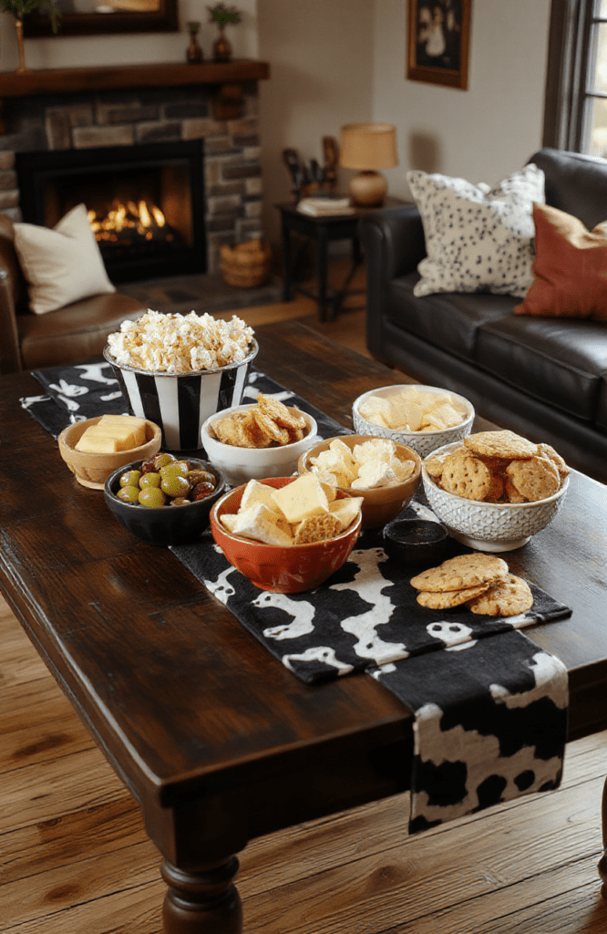 A colorful movie-night spread featuring dalmatian-spotted deviled eggs, mini puff pastry hot dogs, popcorn, cheese cubes with olive spots, crackers, dalmatian sugar cookies, and fruit skewers on a white platter. The table is a dark wood surface with a black-and-white Dalmatian table runner and warm ambient lighting, playful movie-night decor.