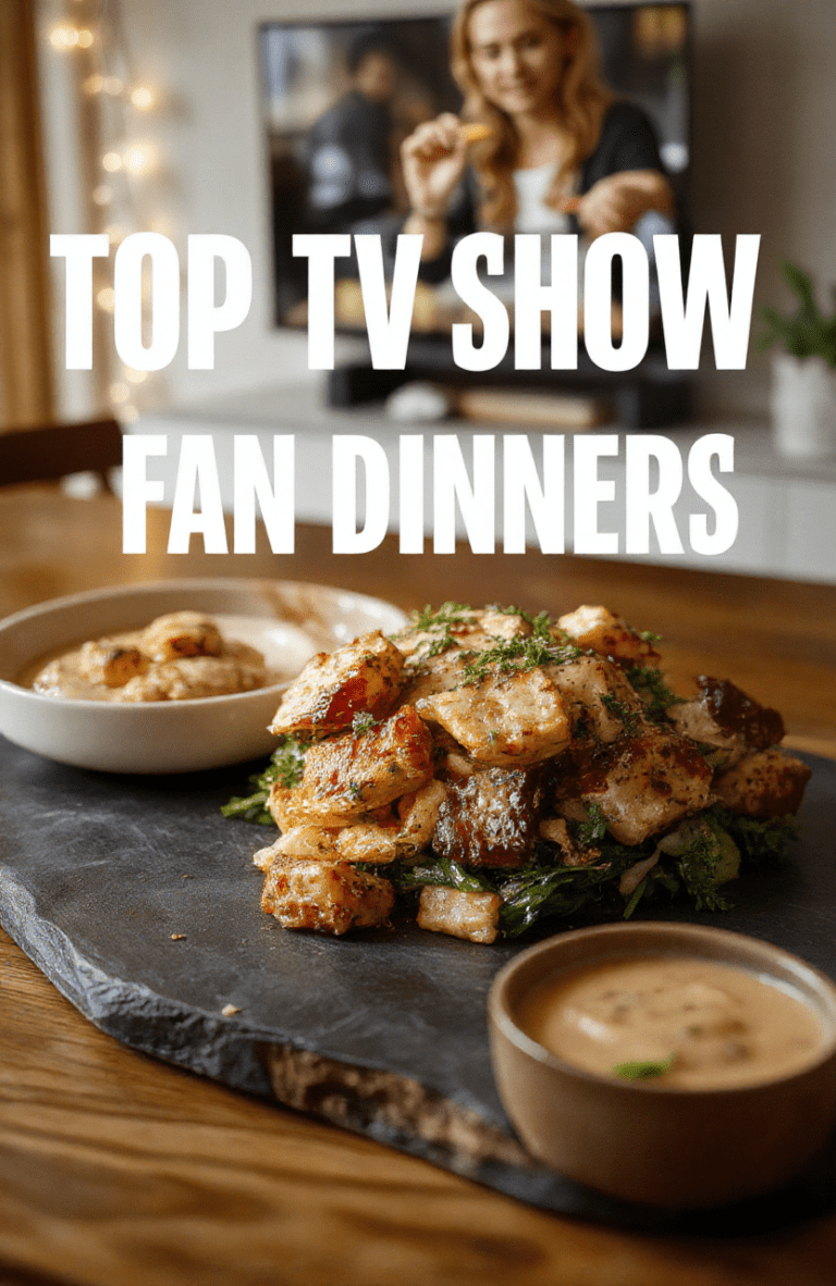 Bright, inviting tabletop spread of TV show inspired dishes on a rustic maple wood surface, featuring crisp sliders, colorful veggie sticks, popcorn, dips, and mini pizzas, all garnished with fresh herbs. Warm ambient lighting and a cozy living room vibe in the background complete the fan-night atmosphere.